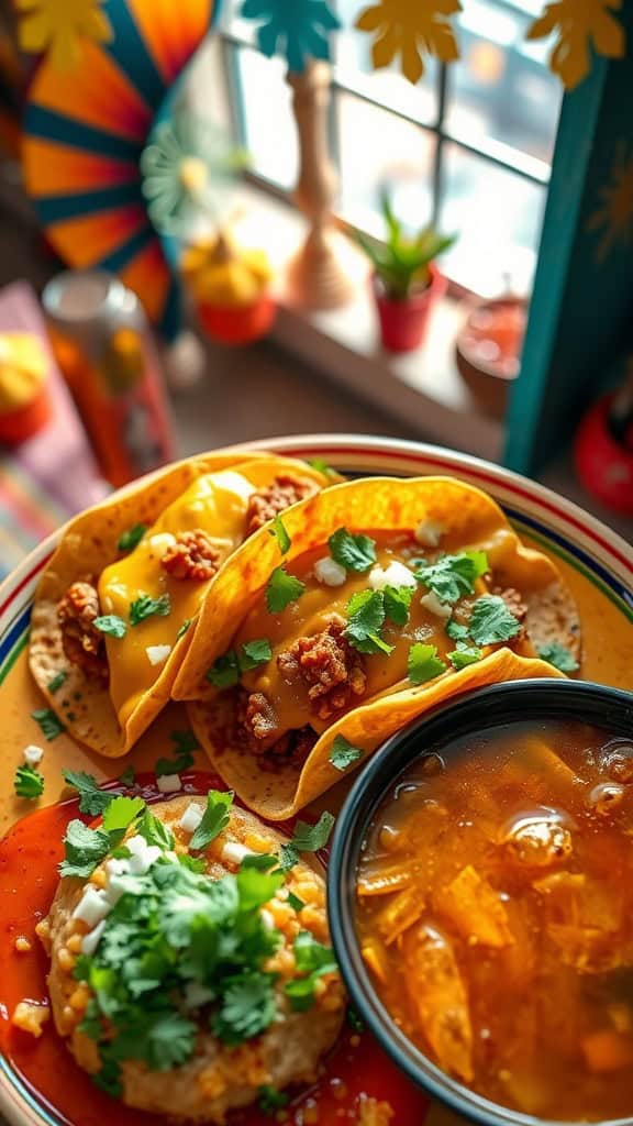 Birria tacos with consomé served on a colorful plate