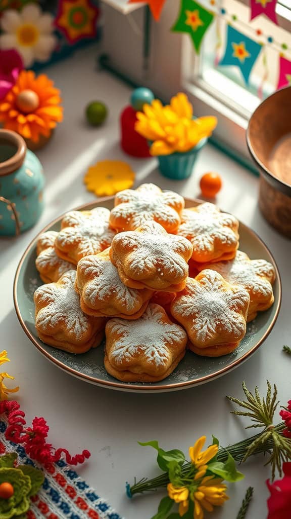 A plate of Mexican wedding cookies dusted with powdered sugar, adorned with colorful decorations.