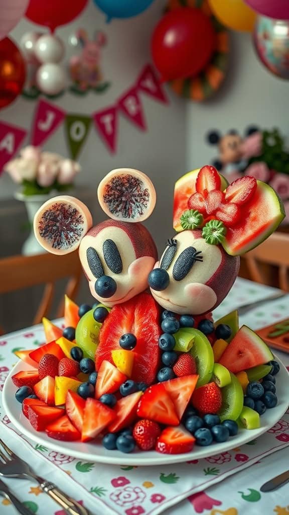 A decorative Mickey and Minnie Mouse fruit platter with watermelon ears, surrounded by various colorful fruits.