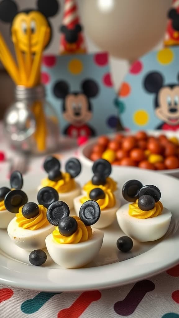 Mickey Mouse-Inspired Deviled Eggs arranged on a plate