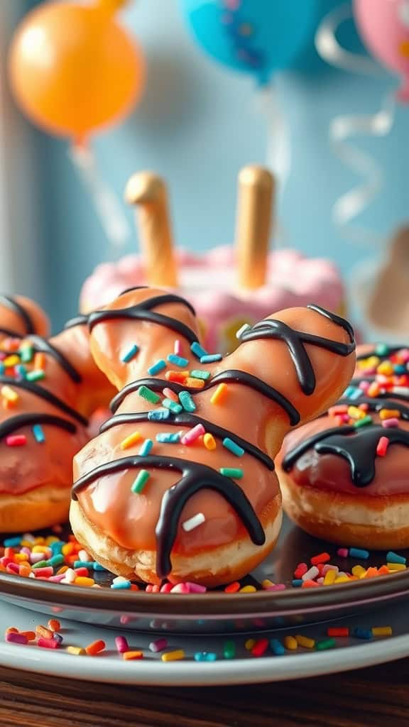 Mickey Mouse shaped donuts with colorful sprinkles and chocolate drizzle