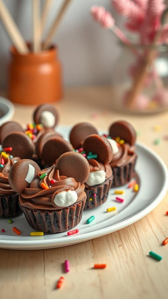 Mickey Mouse brownie bites with chocolate frosting and marshmallow ears