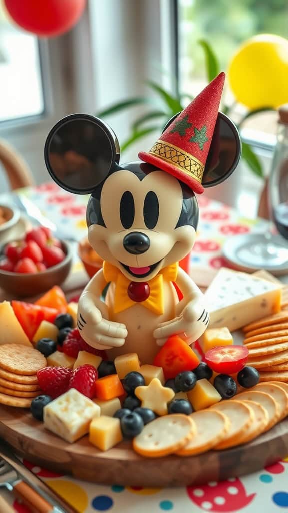 A colorful and fun Mickey Mouse-themed cheese platter with assorted cheeses, fruits, and crackers.