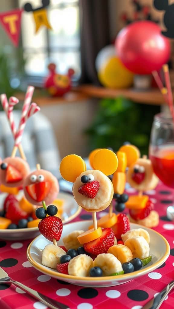 Colorful Mickey Mouse fruit skewers arranged on a table, featuring strawberries, bananas, and melons.