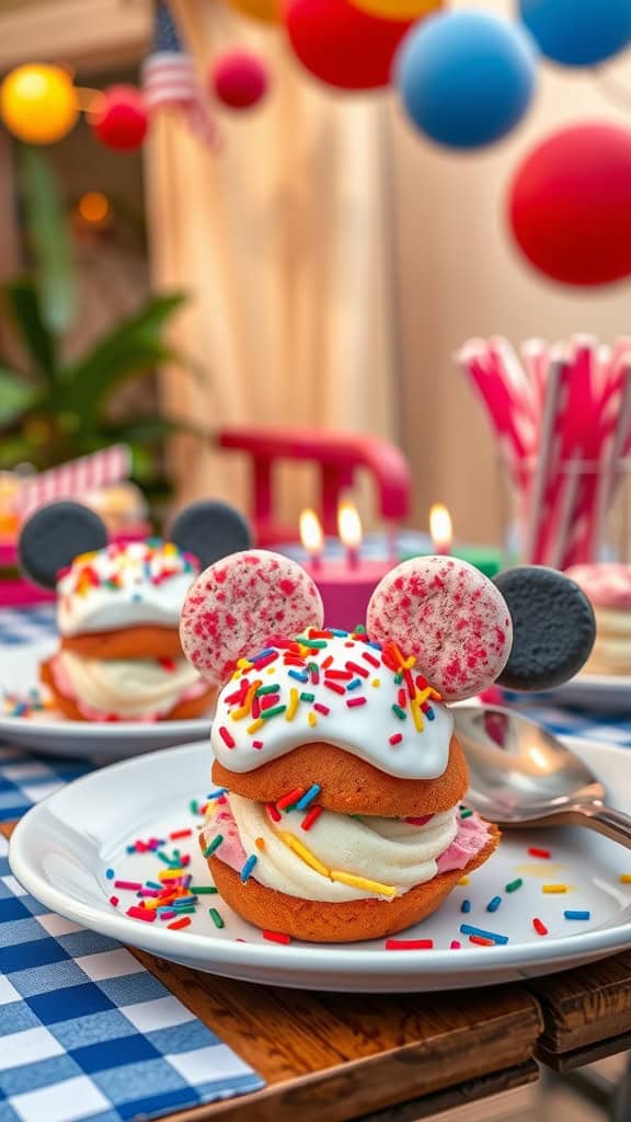 Mickey Mouse ice cream sandwiches with sprinkles and cookie ears