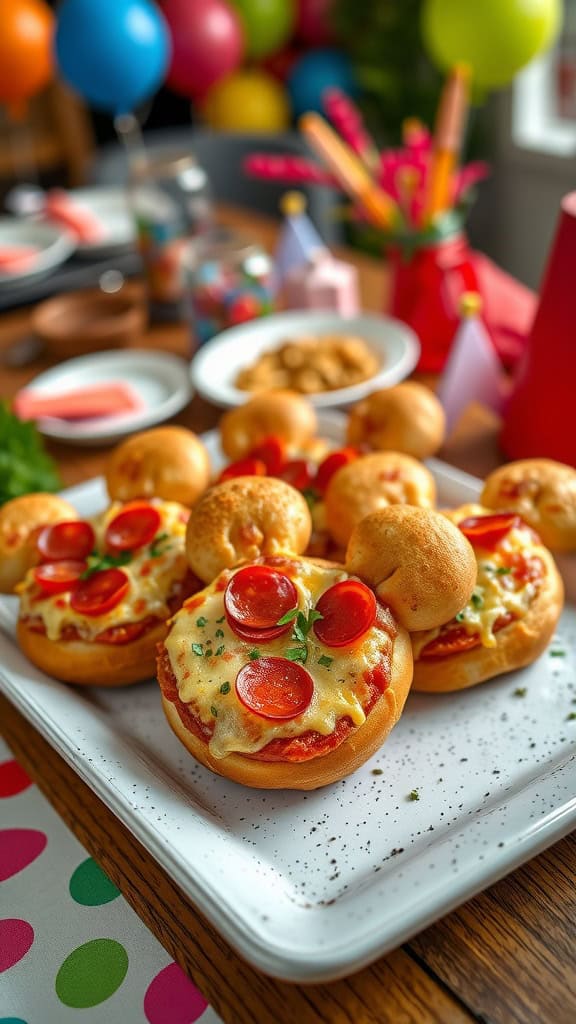 A plate of Mickey Mouse shaped pizza bagels topped with cheese and pepperoni, perfect for a kids' party.