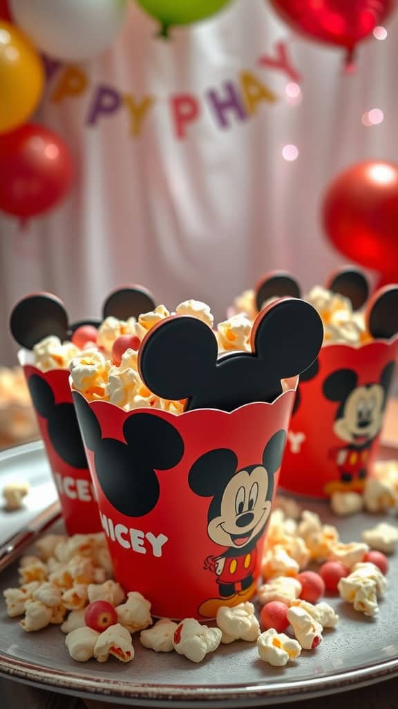 Mickey Mouse themed popcorn cups filled with popcorn and colorful toppings