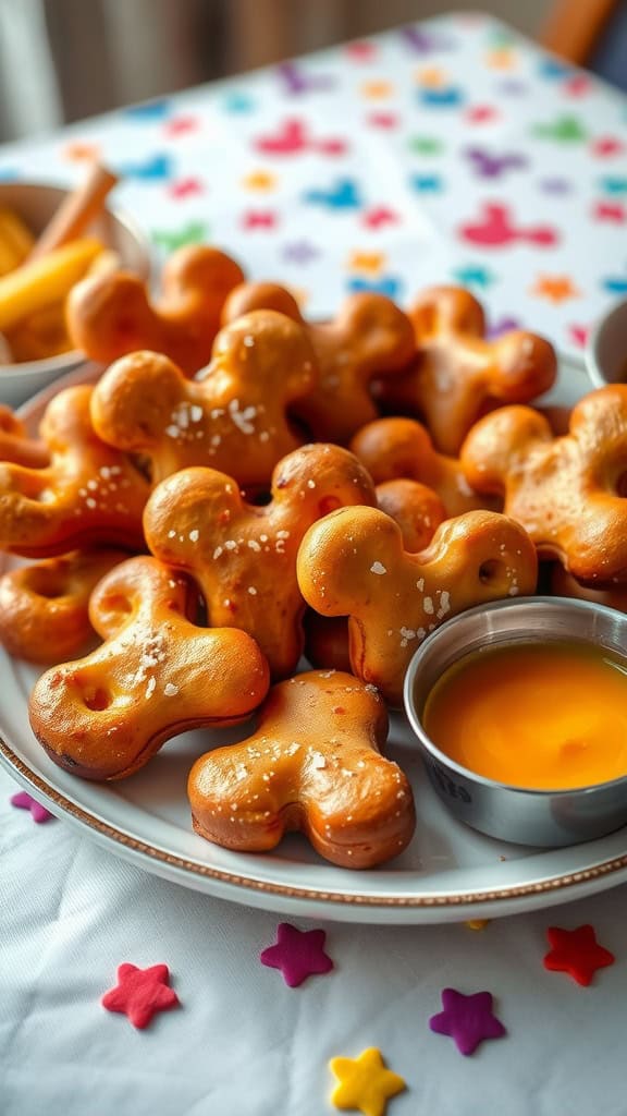 Mickey Mouse shaped pretzel bites served with dipping sauce.