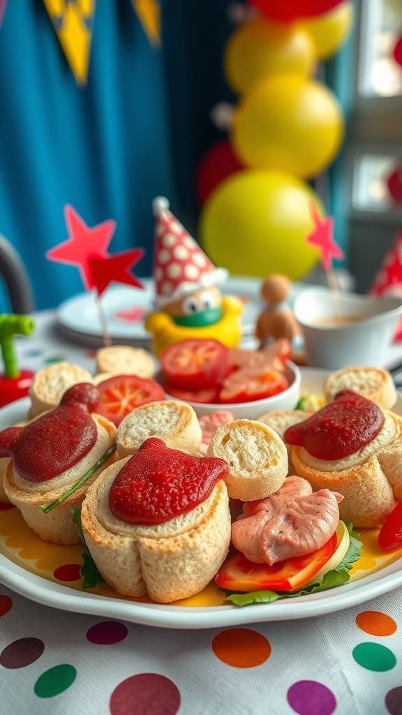 Mickey Mouse shaped sandwiches with colorful toppings on a platter.