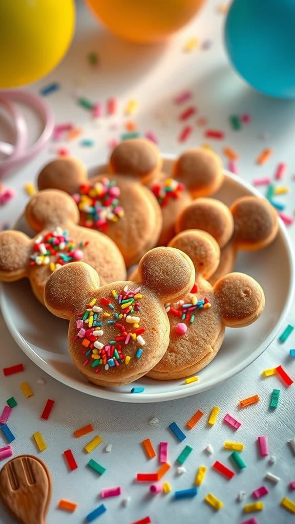 Mickey Mouse shaped cookies decorated with rainbow sprinkles on a plate