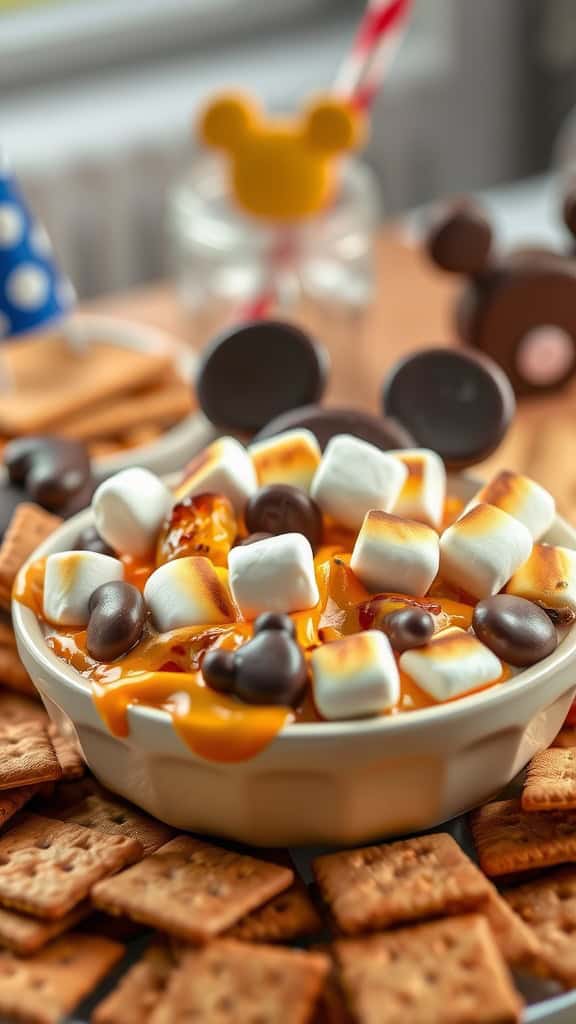 A bowl of Mickey Mouse S'Mores Dip surrounded by graham crackers.