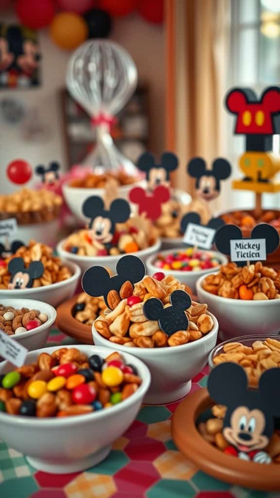 Mickey Mouse themed trail mix bar with various snacks