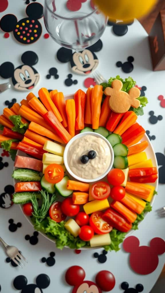 A colorful Mickey Mouse veggie tray arranged with various vegetables and a dip in the center.