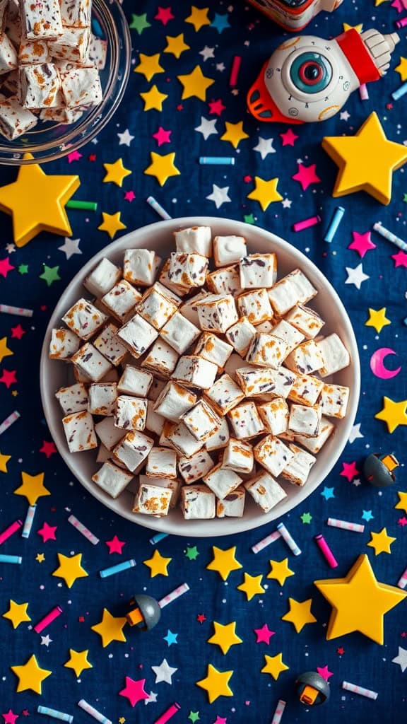 Marshmallow bars arranged on a plate, surrounded by colorful star decorations