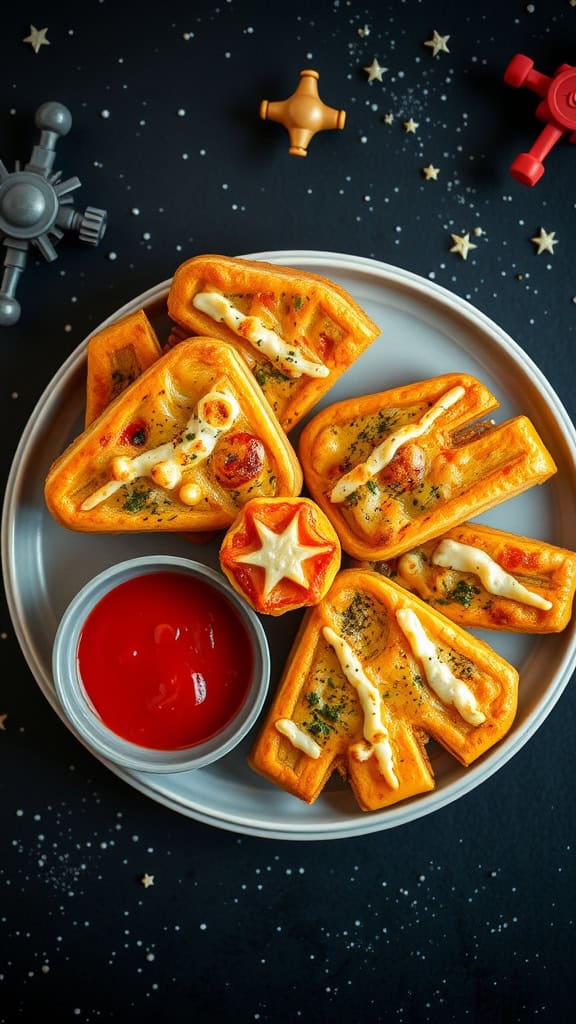 Delicious Millennium Falcon Pizza Bites served with marinara sauce.