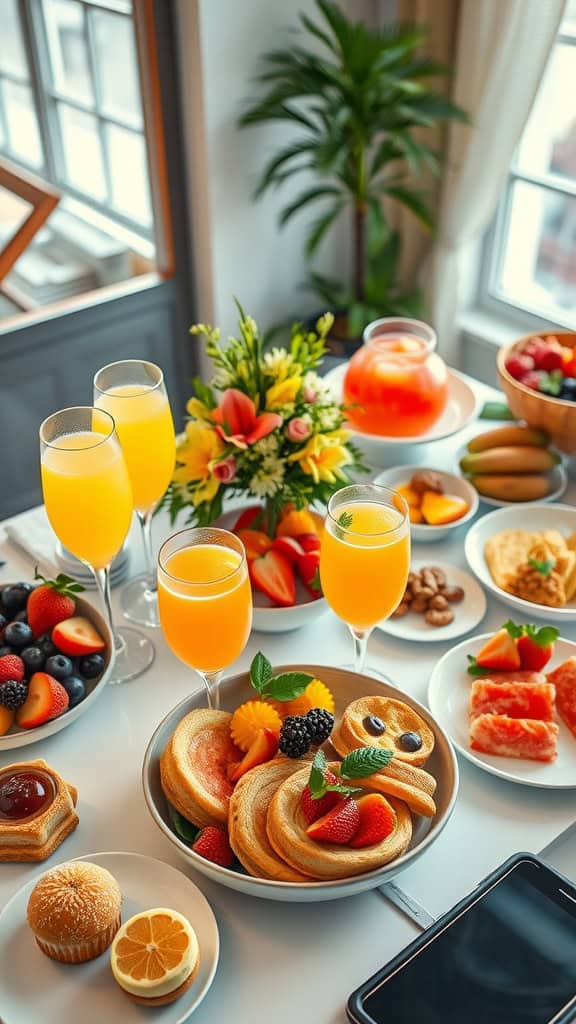 Colorful brunch spread with drinks and pastries