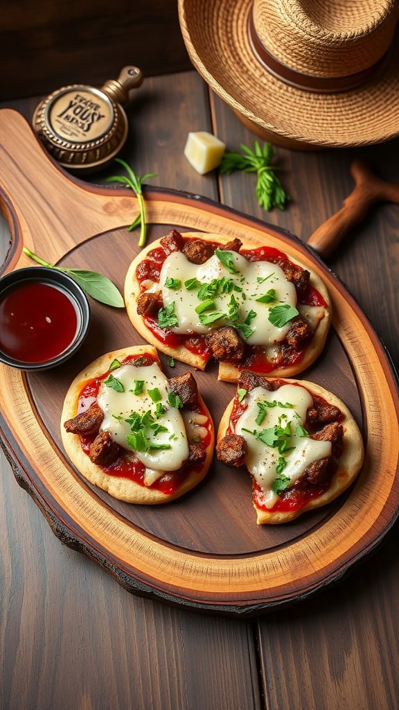 Mini BBQ brisket pizzas on a wooden platter, garnished with cilantro.