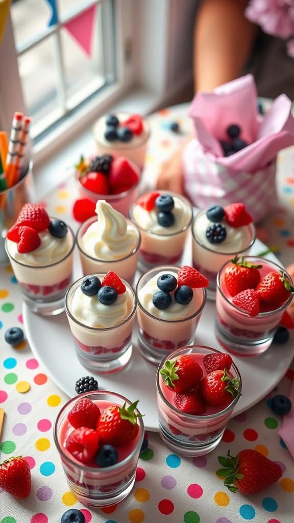 Mini berry cheesecake shooters displayed on a colorful table for a birthday party