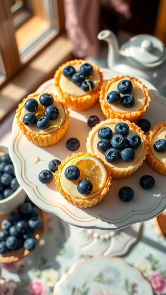 Mini blueberry lemon cheesecakes topped with fresh blueberries and lemon slices