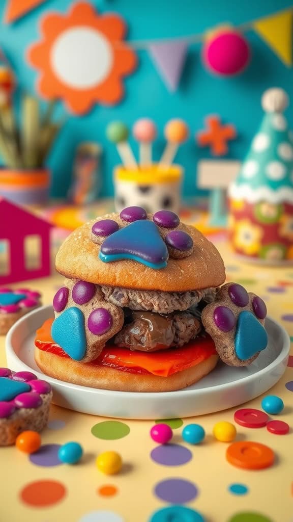 Mini Bluey Burgers with colorful edible paw prints