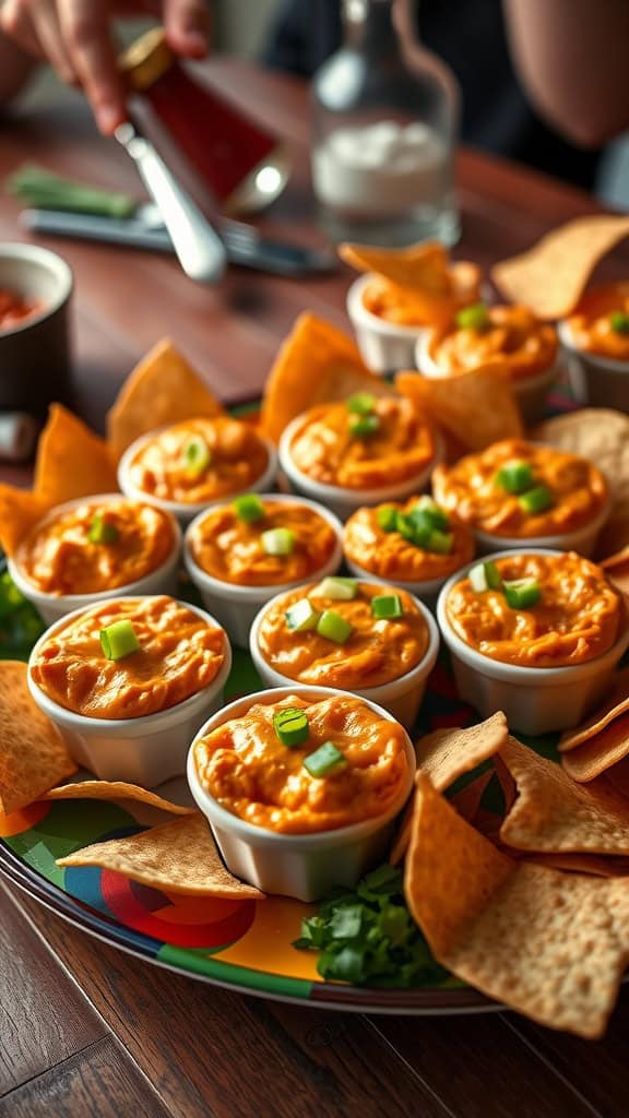 Mini buffalo chicken dip cups with tortilla chips