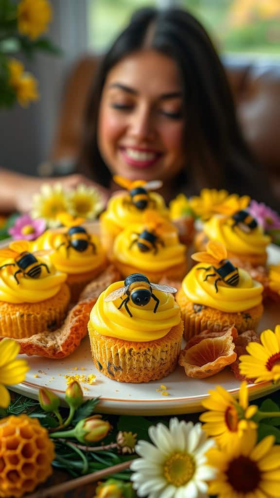 Mini Bumble Bee Cheesecake Bites on a decorative plate.