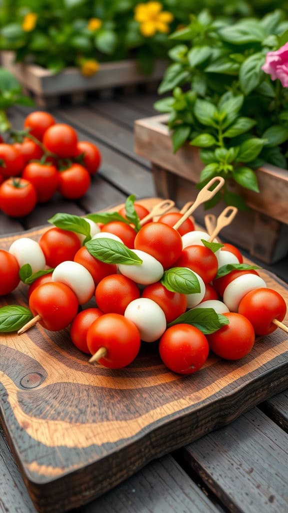 Mini Caprese skewers with cherry tomatoes, mozzarella, and basil, perfect for summer parties.