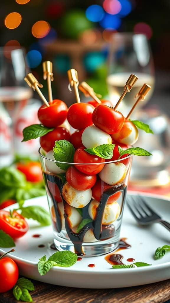 Mini Caprese skewers in a cup with cherry tomatoes, mozzarella, and basil.