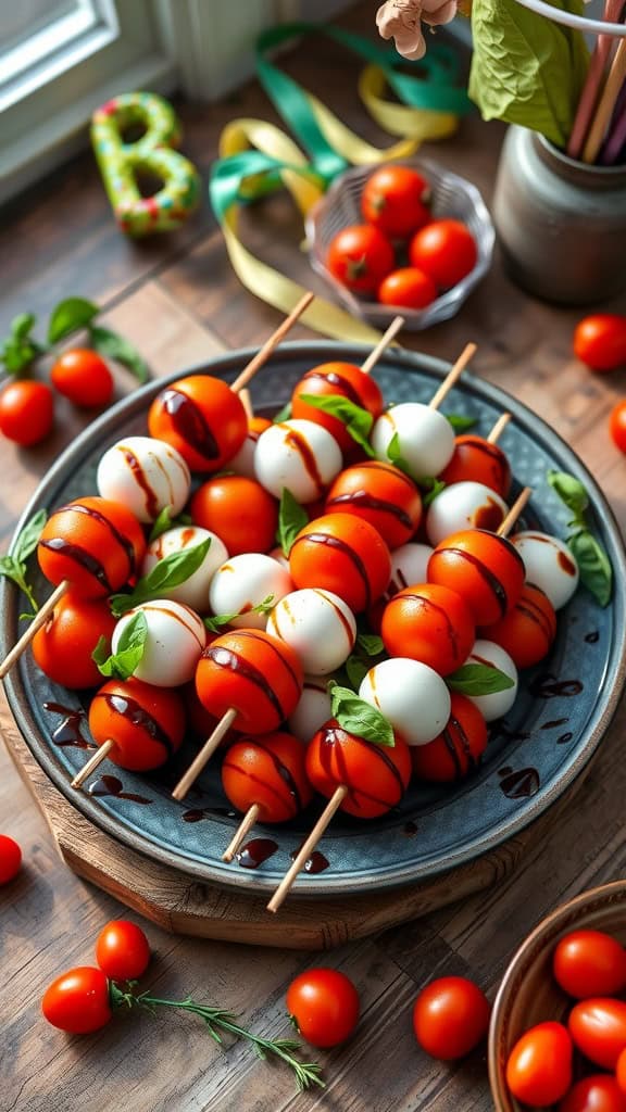 Mini Caprese skewers featuring cherry tomatoes, mozzarella balls, and basil leaves