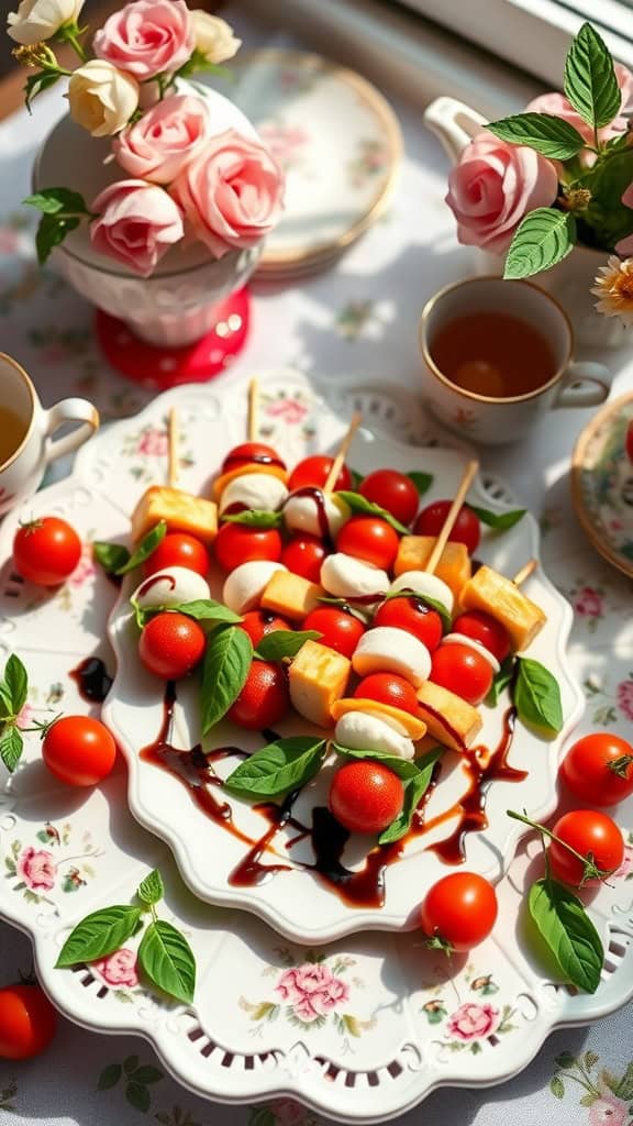 Mini Caprese skewers with cherry tomatoes, mozzarella balls, and basil drizzled with balsamic glaze