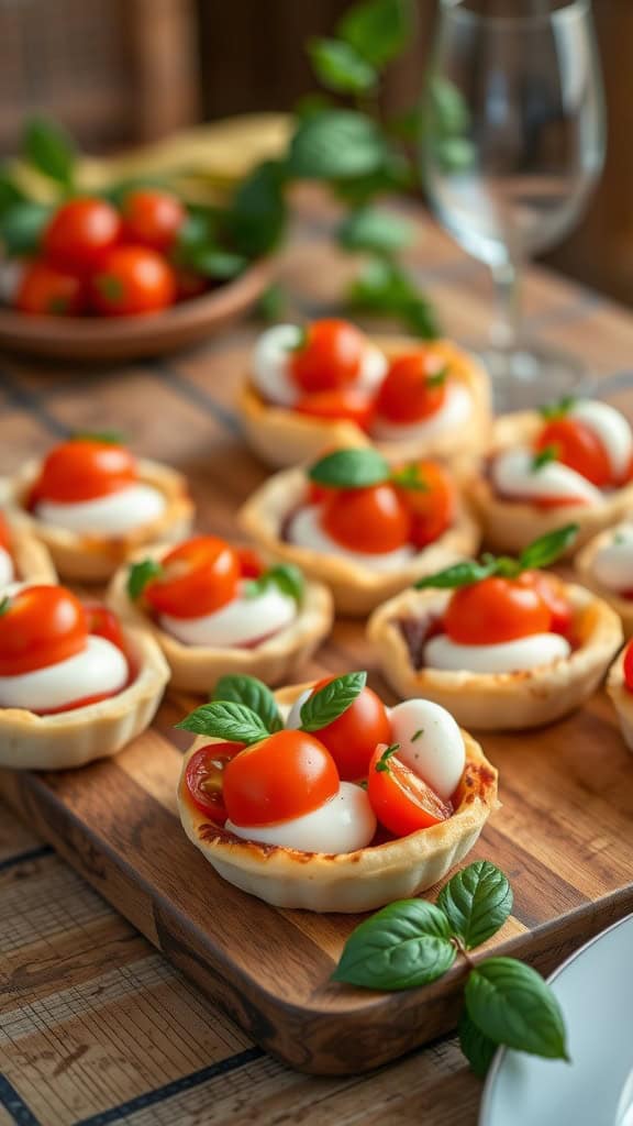 Mini Caprese Tartlets with mozzarella, cherry tomatoes, and basil in pastry shells