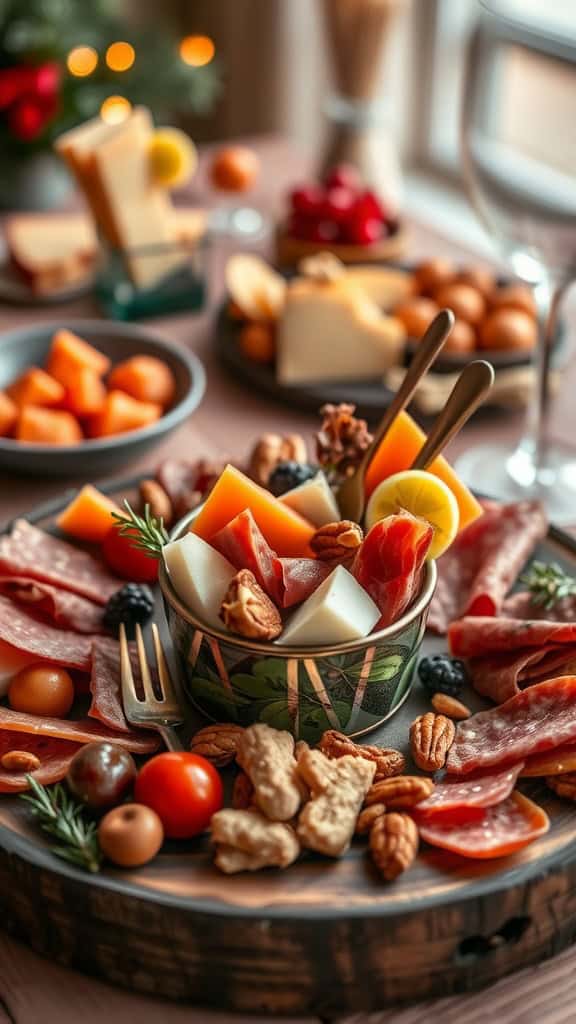 Mini charcuterie cups filled with assorted meats, cheeses, nuts, and garnished with herbs.