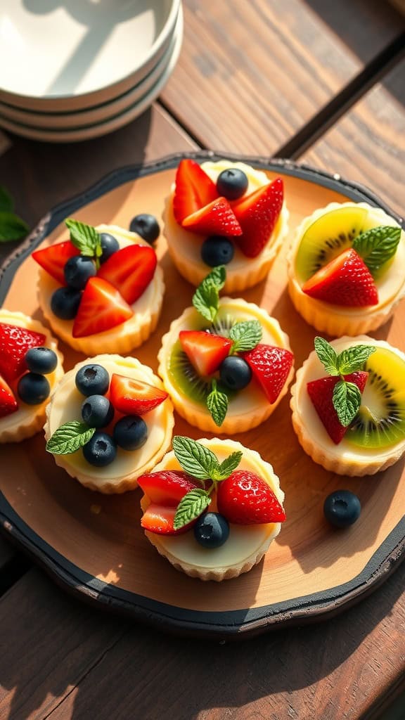 Mini cheesecake bites topped with fresh fruit and mint leaves on a wooden platter.