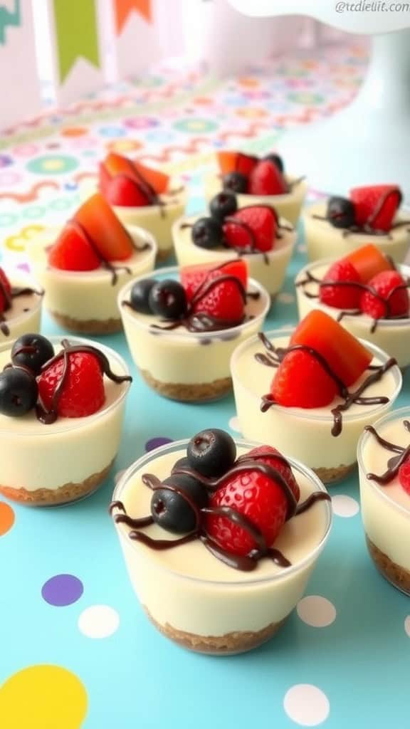 Delicious mini cheesecake cups topped with fruits and chocolate sauce