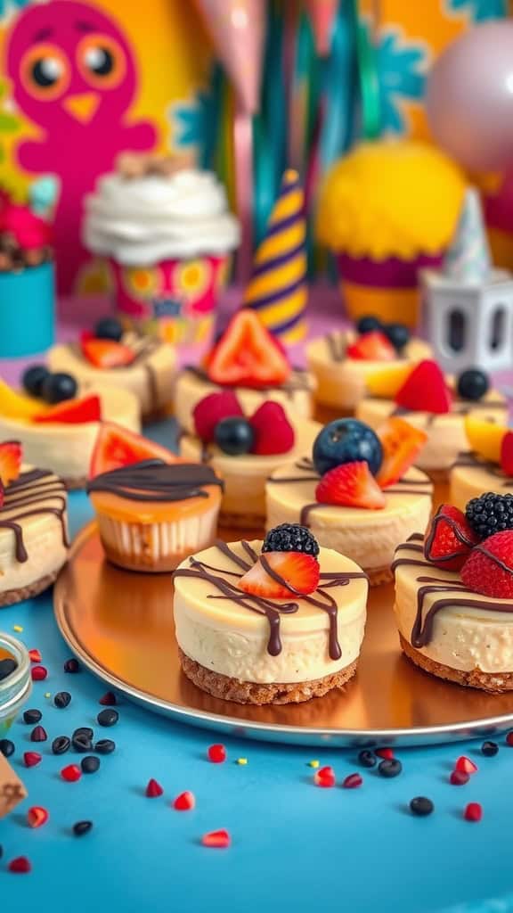 Mini cheesecakes decorated with fresh fruits and chocolate drizzle, served on a colorful plate.