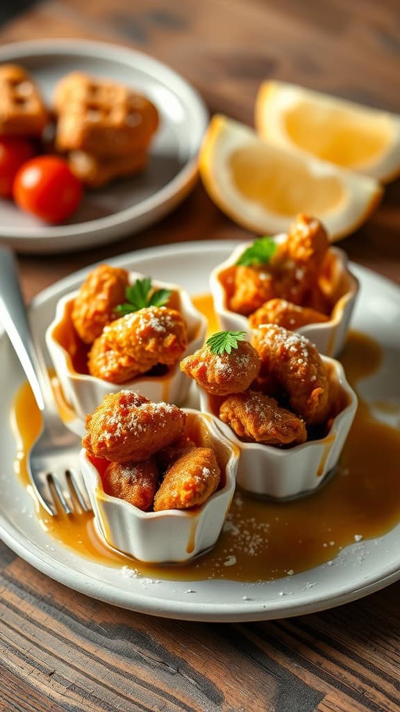 Delicious mini chicken and waffle bites in cups with syrup