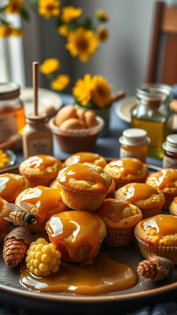 Mini cornbread muffins with honey glaze on a plate, surrounded by decorative honey and bee-themed items.