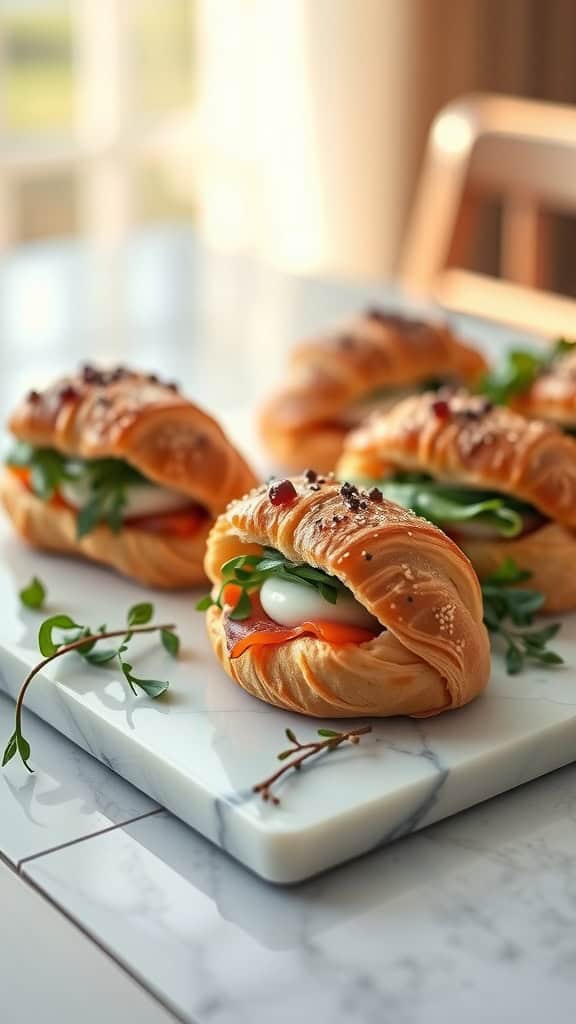 Mini croissant sandwiches filled with ham, cheese, and greens on a marble platter.