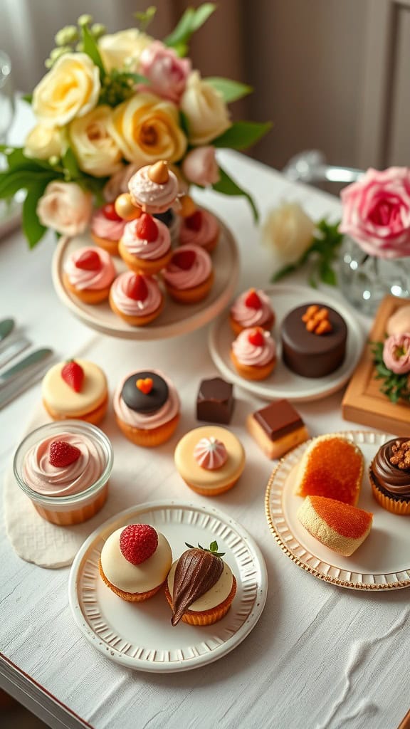 A variety of mini desserts arranged beautifully on a table, perfect for an engagement party.