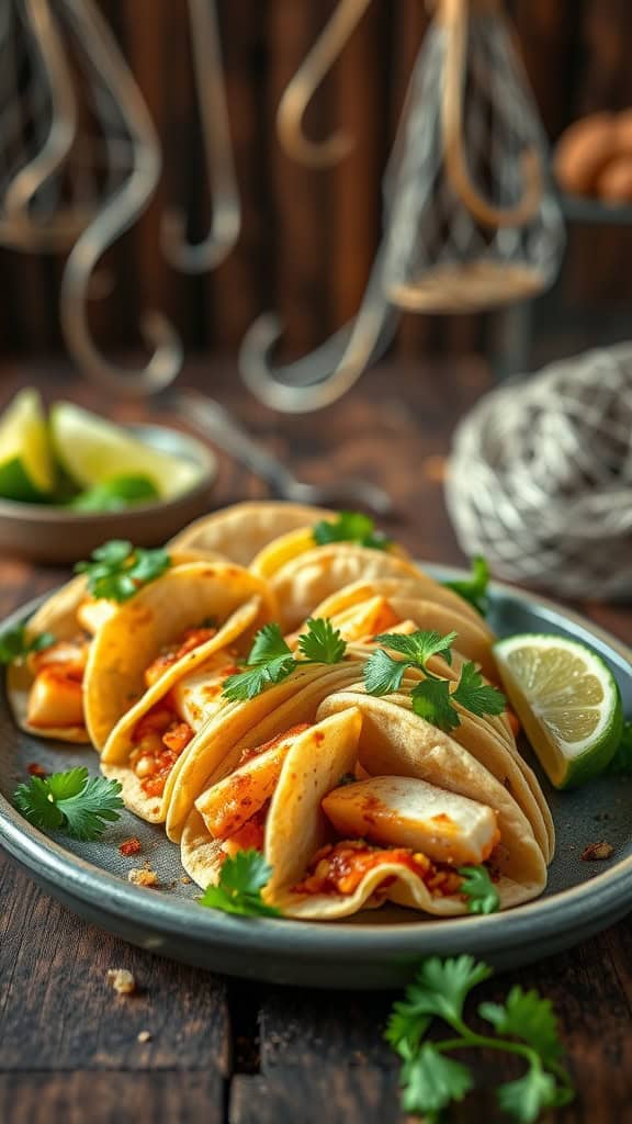 Mini fish tacos with fresh toppings on a plate.