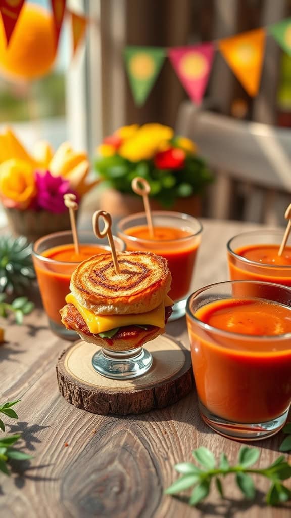 Mini grilled cheese sandwiches served with tomato soup shooters