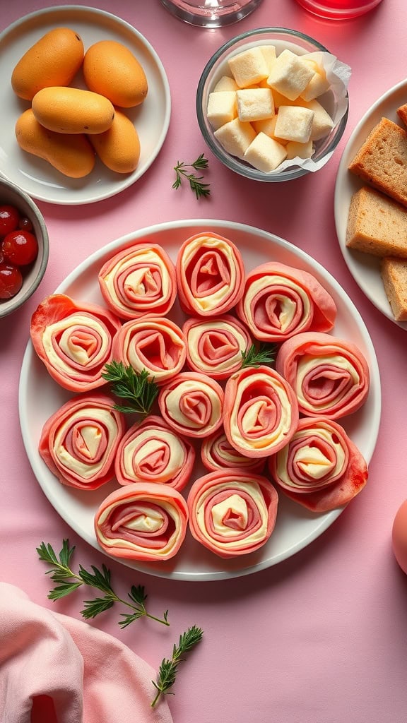 Mini Ham and Cream Cheese Pinwheels arranged neatly on a platter