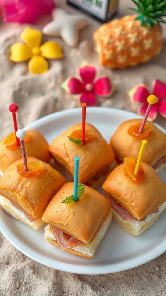 A plate of mini Hawaiian sliders with garnishes, perfect for a beach party