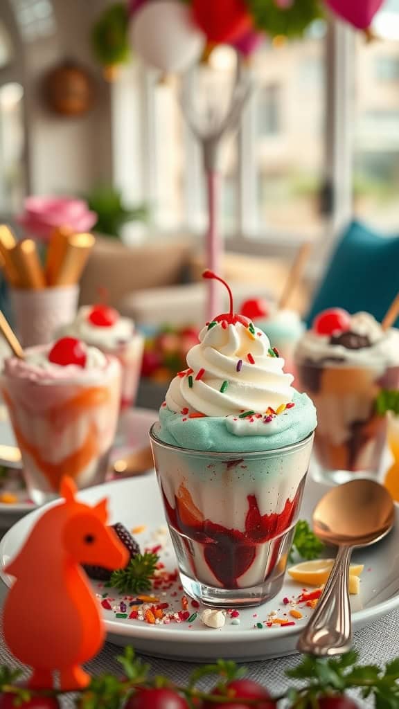 Mini ice cream sundae cups with colorful toppings and whipped cream