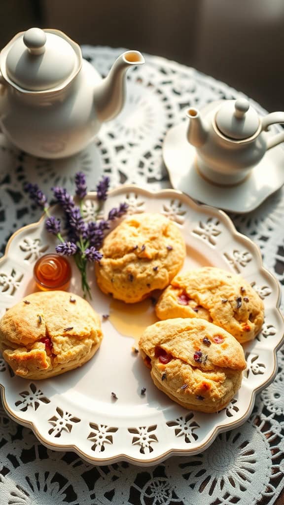 Delicious mini lavender honey scones served on a decorative plate.