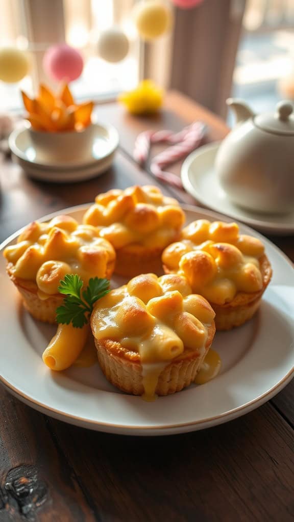 Mini Mac and Cheese Muffins on a plate with a decorative background.