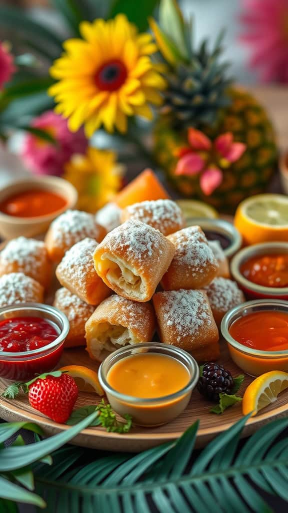 A platter of mini malasadas topped with powdered sugar and served with various fruity dipping sauces.