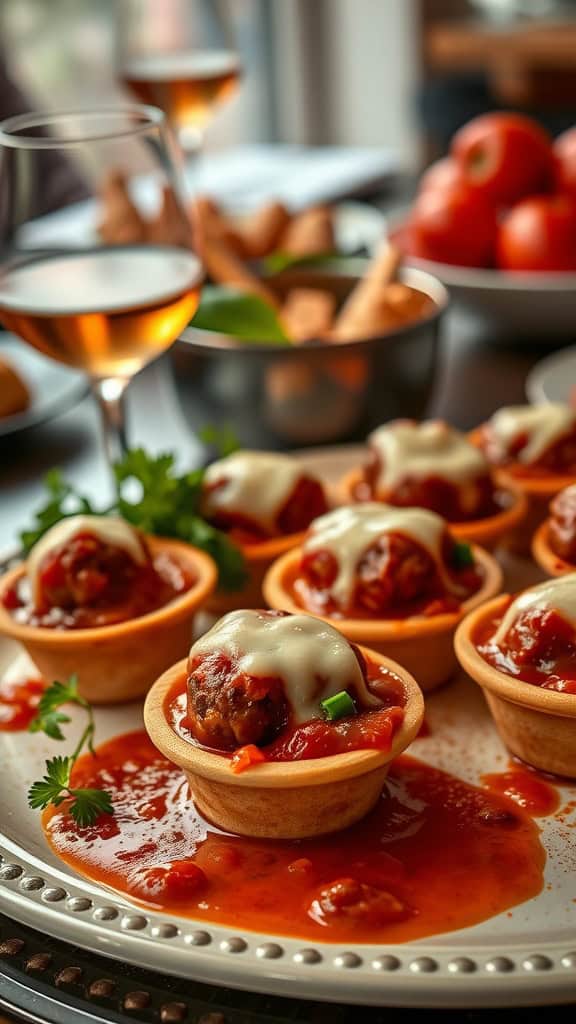 Mini meatball marinara cups topped with melted cheese on a platter.