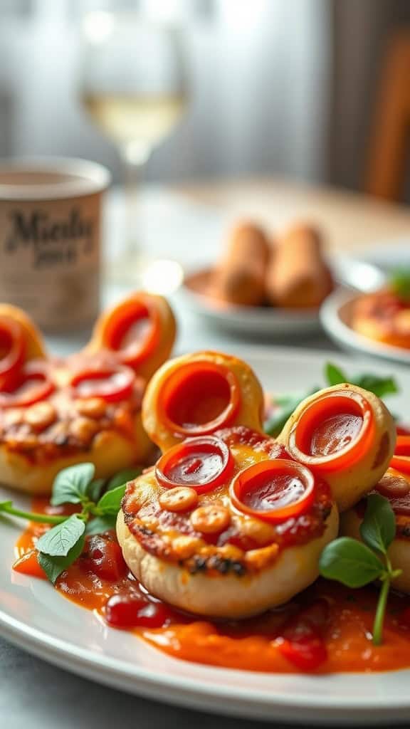 Mini Mickey Mouse pizzas with pepperoni ears on a plate.