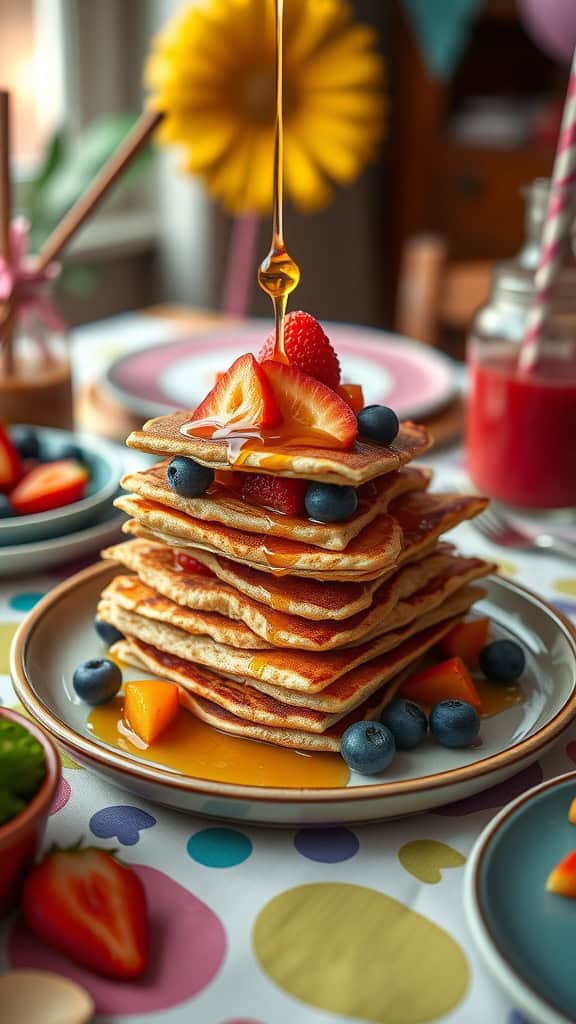 Mini pancake skewers served with various fruits and syrup.